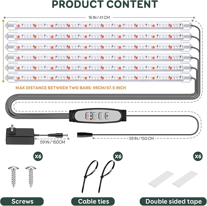 6 Bars Grow Light Strips for Indoor Plants with Auto ON/Off Timer 6/12/18H, 5 Dimmable Levels for Shelves Plant Growing(Pack 2)