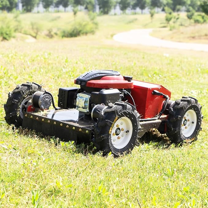Remote Mower, Remote Control Lawn, Small Crawler Oil-Electric Hybrid Four-Wheel Drive Lawn Mowing and Weed Whacker, All Terrain Grass Cutter Yard Mower, 30° Climbing