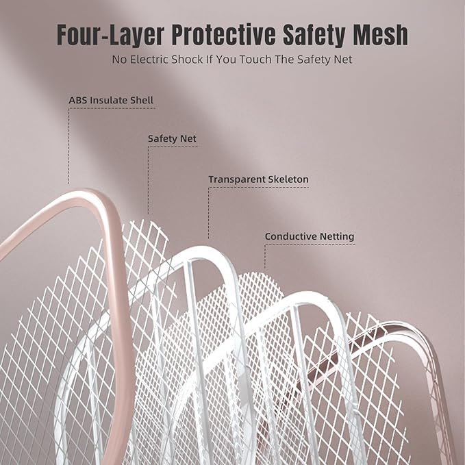 Electric Fly Swatter Racket 3000V Bug Zappers, Mosquito Zappers USB Rechargeable, 1200mAh Mosquitoes Killer Lamp & Fly Zappers with 3 Layer Safety Mesh for Home, Bedroom, Kitchen, Patio (2Pack-Pink)