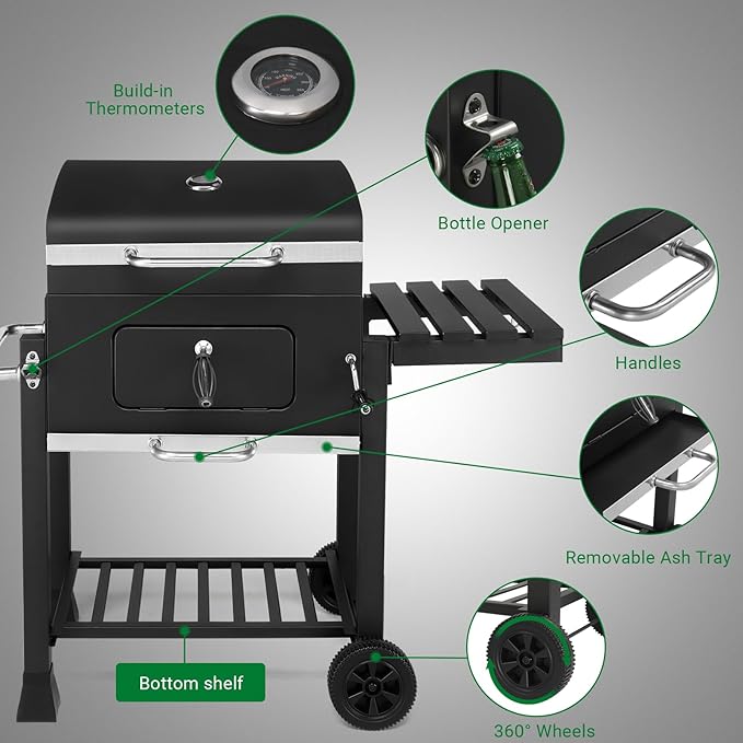 ROVSUN Charcoal Grill with Side Tables, Large Cooking Area, Individual Lifting Charcoal Trays, Pull-Out Ash Tray, BBQ Grill for Outdoor, Picnic, Backyard, Parties