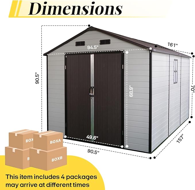 8x14ft Resin Outdoor Storage Shed with Floor and 2 Windows, Plastic Sheds & Outdoor Storage Clearance for Patio Furniture, GardenTools, Bike Accessories and Lawn Mower, Brown+White