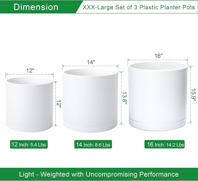 D'vine Dev 12 Inch 14 Inch 16 Inch, Set of 3 Plastic Planter Pots for Plants with Drainage Hole and Seamless Saucers, White Color, XXX-Large, 74-V-A-7