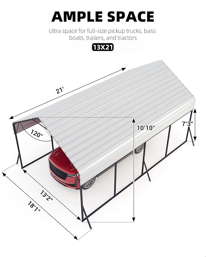 13x21x10 FT Metal Carport with Reinforced Frame, Galvanized Steel Roof & Enhanced Base Heavy Duty Car Ports for All-Weather Car Garage Shelter for Car, Truck, Pickup, SUV, Tractor, and Boat