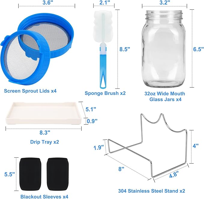 Lulonpon Sprouting Kit, 4 Sprouting Jar Kits, Wide Mouth Quart Mason Jars with Stainless Steel Screen Sprout Lids,1000ml Sprouts Growing Kit, Seed Sprouter Set for Growing Broccoli, Bean, Alfalfa 
