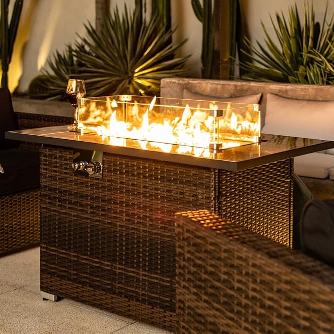 44in Outdoor Propane Gas Fire Pit Table, 50,000 BTU Auto-Ignition Gas Firepit with Glass Wind Guard, Marble Tile Tabletop, Mixed Color Glass Rocks, Brown PE Rattanā¦