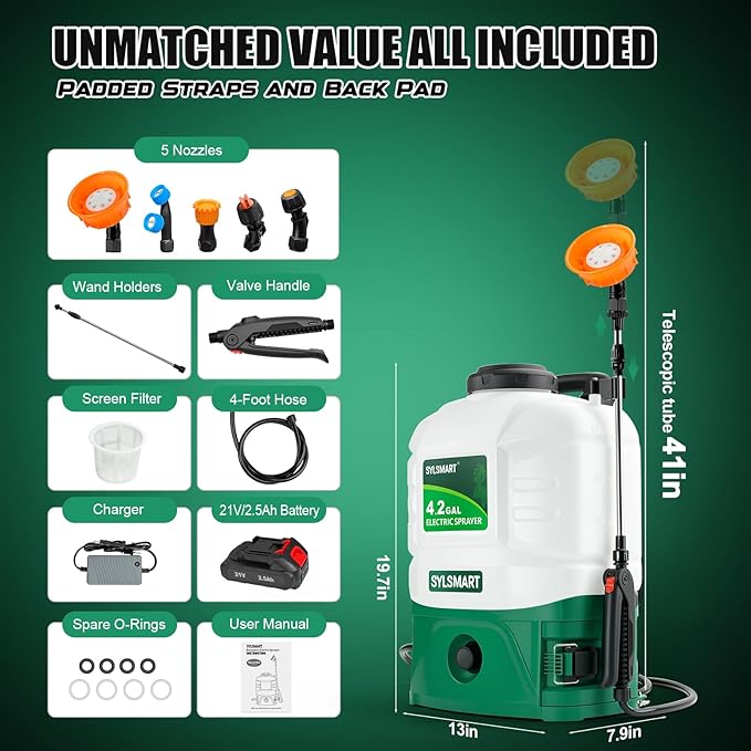 Battery Powered Backpack Sprayer 4 Gallon– No Leak & Padded Straps Electric Weed Sprayers in Lawn and Garden, 100PSI Power Sprayer with 41'' Telescopic Wand and 5 Nozzles, Translucent White