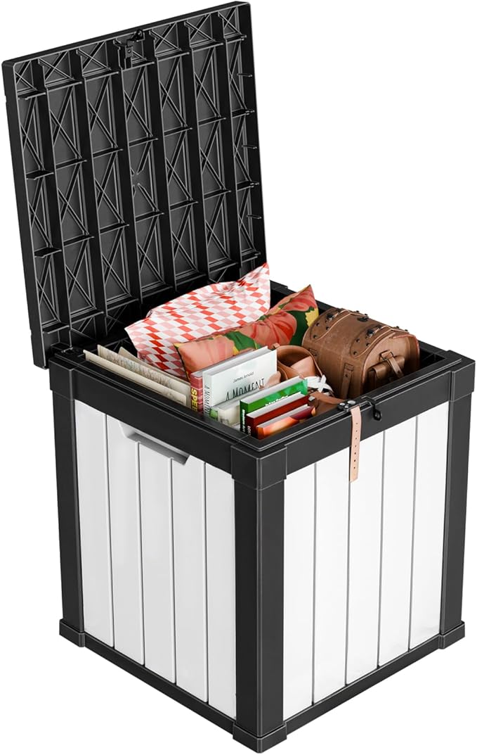 ROJIK 50 Gallon Outdoor Storage Housing Deck Box,Waterproof Patio Furniture, Garden Tools, Cushions, Pool Accessories Storage Bench with Lockable Lid and Side Handles(Black&White)