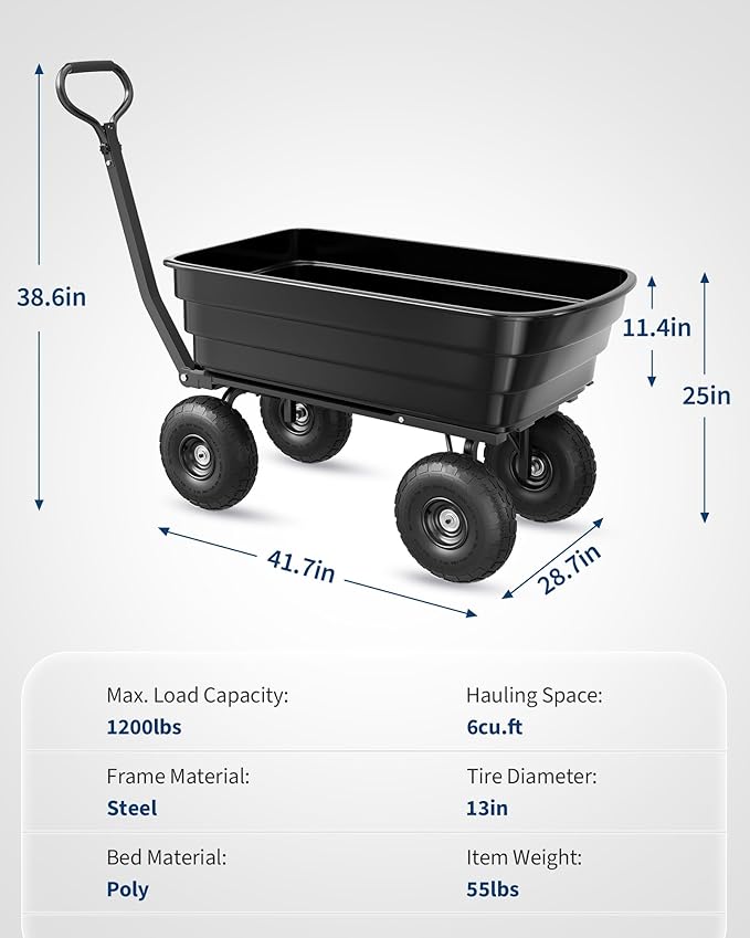 Poly Dump Cart - Heavy Duty 1200lbs Garden Cart with Quick-Release Dumping & No-Flat 13" Tires, Utility Wagon for Yard Work, Landscaping, Gardening