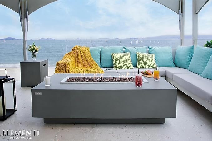 Elementi Granville Gas Fire Pit Cast Concrete Fire Table, Outdoor Fire Pit Electronic Ignition | Canvas Cover, Lava Rock Included | Free AMS Wind Guard | Light Gray (Propane Gas)