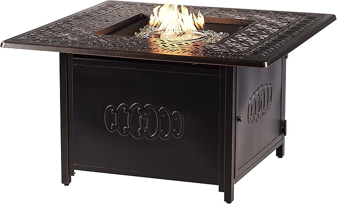 Oakland Living Black Aluminum Patio Fire Table Set with Two Deep Seating Loveseat with Cushions and Two Club Chairs with Light Grey Cushions