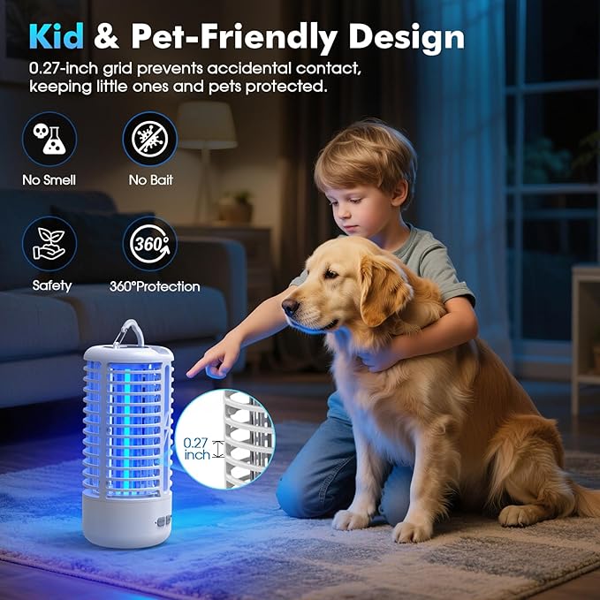 Rechargeable Bug Zapper, Portable Electric Mosquito Killer for Indoor & Outdoor, Fly Trap for Camping, Patio, Garden, Kitchen, and Porch(1 Pack, White)