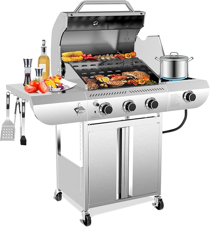 R.W.FLAME 3-Burner Propane Gas Grill With Sider Burner,304 Stainless Steel Propane Grill 34,000BTU,Multifunction & Protable Outdoor Barbecue Grill with Casters for Camping & Parties