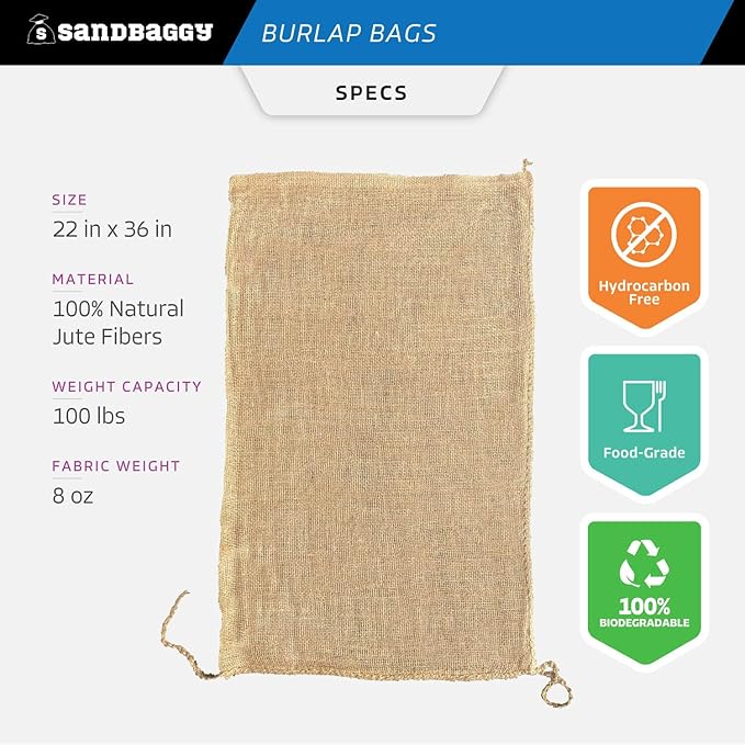 Burlap Bags 22" x 36" - Great for Planting/Gardening - Kids Sack Bag - Plant Covers - Food Grade - Sacks Burlap by Sandbaggy (Pack of 50)