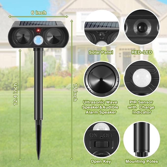 2025 Solar Ultrasonic Animal Repellent Cat Repellent Outdoor Solar Animal Repeller with Motion Detection Waterproof Deer Repellent Device to Repel Raccoon Rabbit Squirrel Skunk Fox(4Pack)