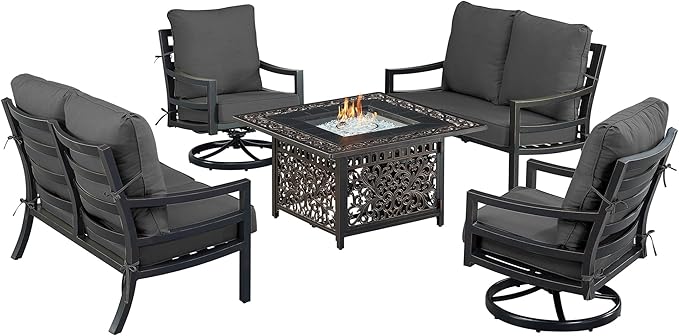 Oakland Living Black Aluminum Patio Fire Table Set with Two Deep Seating Loveseat with Cushions and Two Club Chairs with Black Cushions