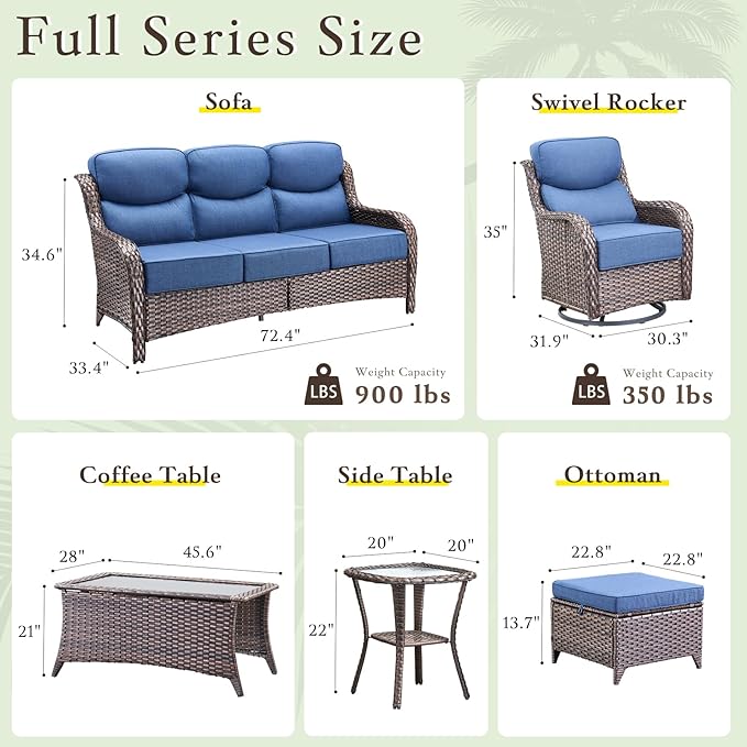 Luxury High Back Outdoor Furniture with 6-inch Extra Thick Cushions, Patio Furniture Set with Swivel Chairs, 4 PCS Wicker Conversation Set for Yard, Deck, Poolside, Brown/Blue