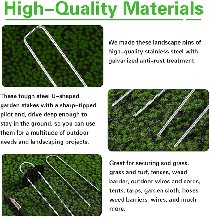 100Pcs Garden Stakes Staples + 100Pcs Gasket, Bakulyor 6 Inch Lawn Landscape Staples 11 Gauge U Shaped Galvanized Landscape Pins, Heavy Duty Yard Ground Pin for Weed Barrier Sod Fabric Decorations