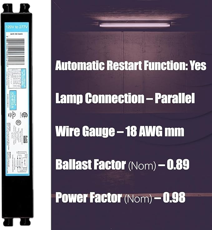 ICN4P32N, 120-277V, 50-60Hz Input Frequency, Solid Wire Type, Instant Start Centium Electronic Fluorescent Ballast for 4 F32T8 Lamp Type, Indoor/Outdoor Use with Automatic Restart Ballast Box, 30 Pack