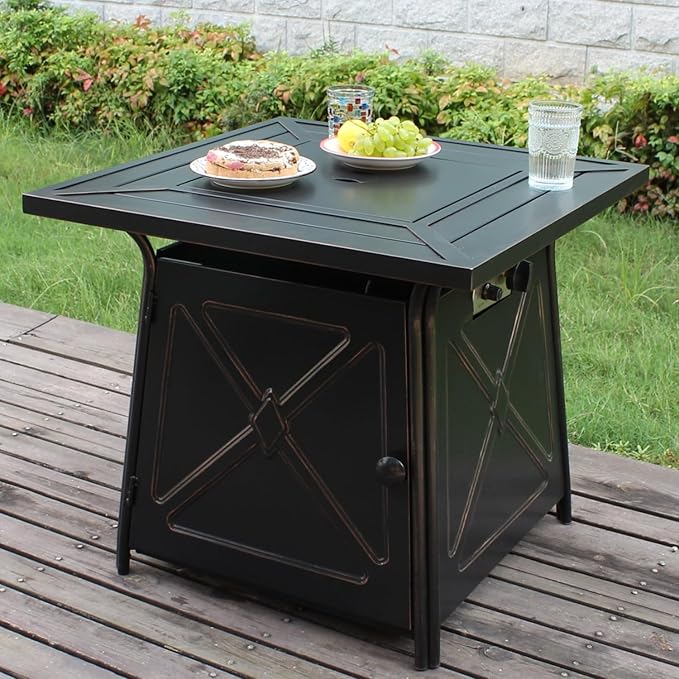 28 inch Propane Fire Pit Table,Gas Fire Pits Table for Outside,50000 BTU Propane Firepit with Lid &Lava Rocks,Gas Firepit for Garden,Yard (Black)