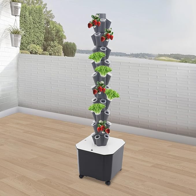 Hydroponics Tower | 10 Layer 50 Plants Indoor Vertical Tower System Kit | Vertical Hydroponic Grow Tower Aeroponic Tower for Herbs | with Pump and 11.89 GAL Water Tank | 4 Wheels | Grey