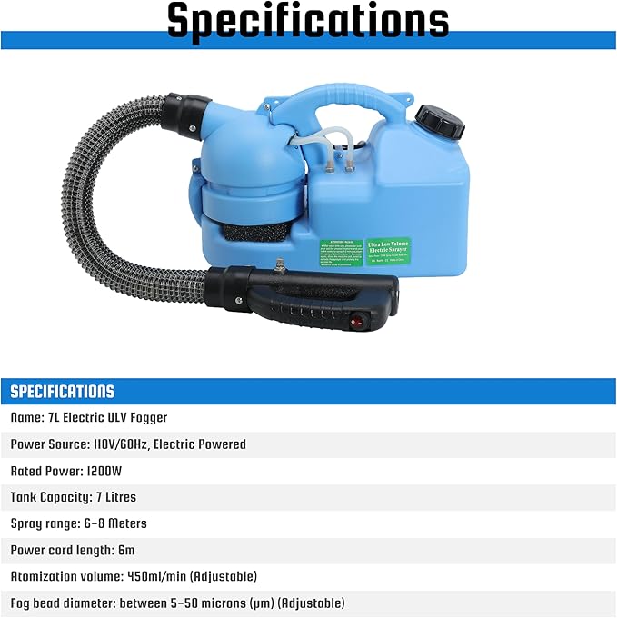 7L (1.85 Gallon) Electric ULV Fogger Machine, Portable Fogger Sprayer Machine Electric Atomizer Ultra Low Volume Sprayer for Home Indoor and Outdoor Cleaning Spraying Use, 1 Pack