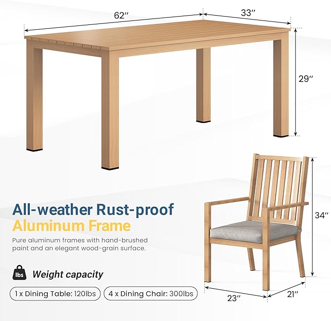 Wisteria Lane 5 Pieces Patio Table and Chairs Set, Aluminum Outdoor Dining Table with 4 Chairs, Outdoor Patio Dining Sets with Removable Cushion for Garden, Backyard, Lawn, Brown