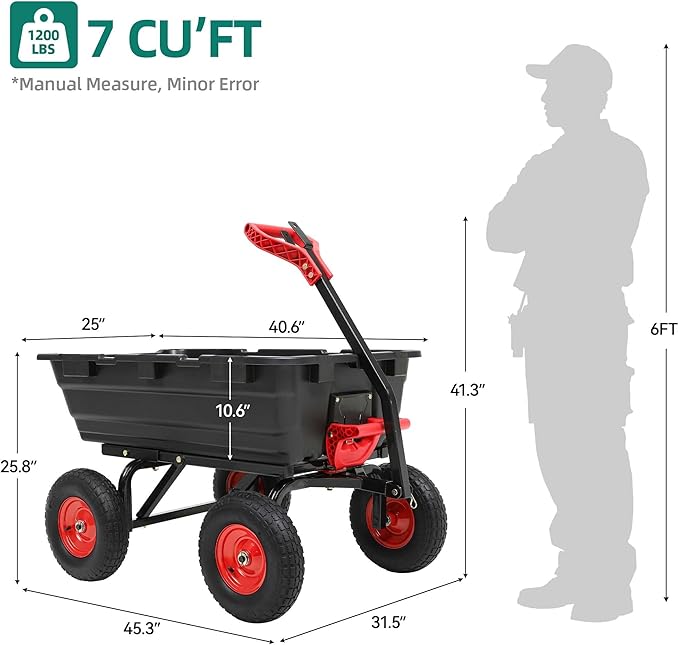1200lbs Garden Dump Cart,Ultym Heavy Duty 7 Cu.Ft Trailer Dump Cart with Hitch,Garden Dump Wagon with 13" All Terrain Wheels & 2-in-1 Handle,Tow Behind for Lawn Mower Tractor ATV