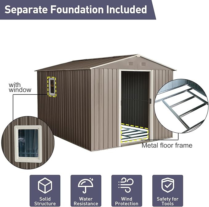 10×8FT Outdoor Metal Storage Shed Large Garden Sheds with Floor Base & Window,Sliding Doors and Padlock for Garden,Backyard,Lawn,Easy to Assemble,Grey