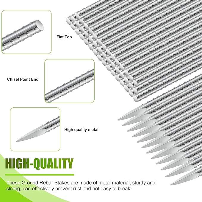 Gisafai 24 Pcs 12 Inch Ground Rebar Stakes Heavy Duty Ground Anchors Steel Plant Support Garden Stake Long Straight Metal Spikes with Chisel Point End for Concrete Timber Garden Plant Tent