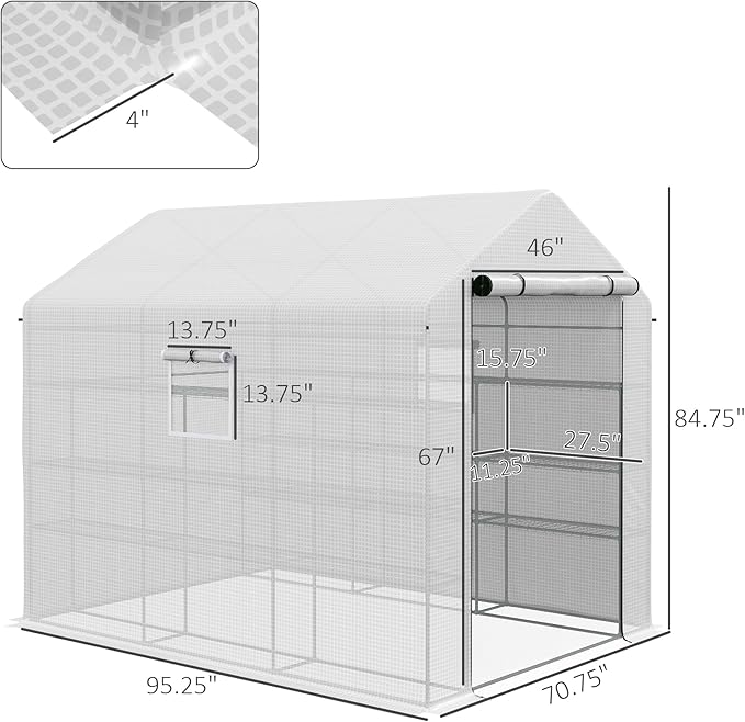 Outsunny 8' x 6' x 7' Walk-in Greenhouse with Mesh Door and Windows, 18 Shelf Green House with Trellis, Plant Labels, UV Protective for Growing Flowers, Herbs, Vegetables, Saplings, White