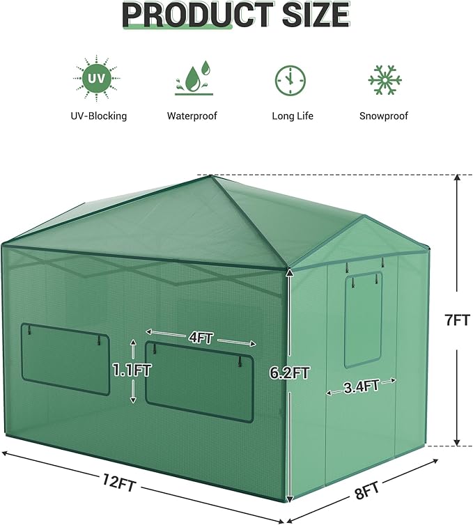 8X12 FT Portable Greenhouse for Outdoor,243 x 365 CM Wall in Pop Up Greenhouse for Gardening Plant, Zipper Roll Up Door & 4 Mesh Window, Double Frame, PE Cover Grow Tent for Winter, Green