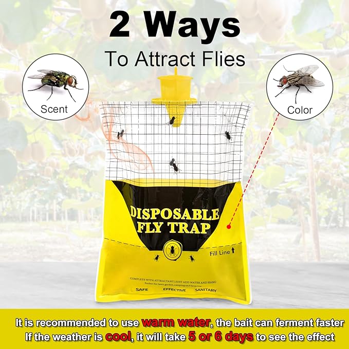Glovv 2 Pack 10.8 * 12.6 Inch Big Fly Trap for Patio, Bags Outdoor Disposable, Hanging Flies Catcher with Bait, Ranch Repellent Hunter Killer Stable Horse Control for Barn, Farm, Bugs