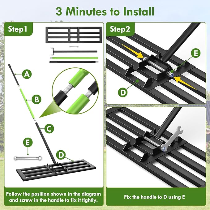 Seeutek Lawn Leveling Rake, 35” x 10” Lawn Leveler with 6.5FT Durable Handle Rakes for Lawns, 0-180° Adjustable Ground Leveler Tool for Yard, Level Soil Sand Dirt Surfaces