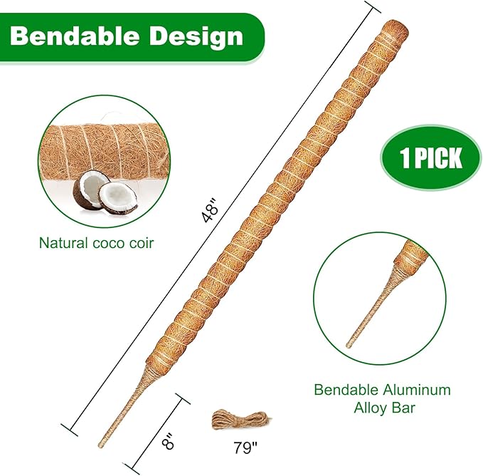 Joyhalo Bendable Moss Pole for Plants, 48 Inch Monstera Plant Support Stakes, Moss Poles for Climbing Plants with Jute Rope, Coco Coir Pole Indoor Plant