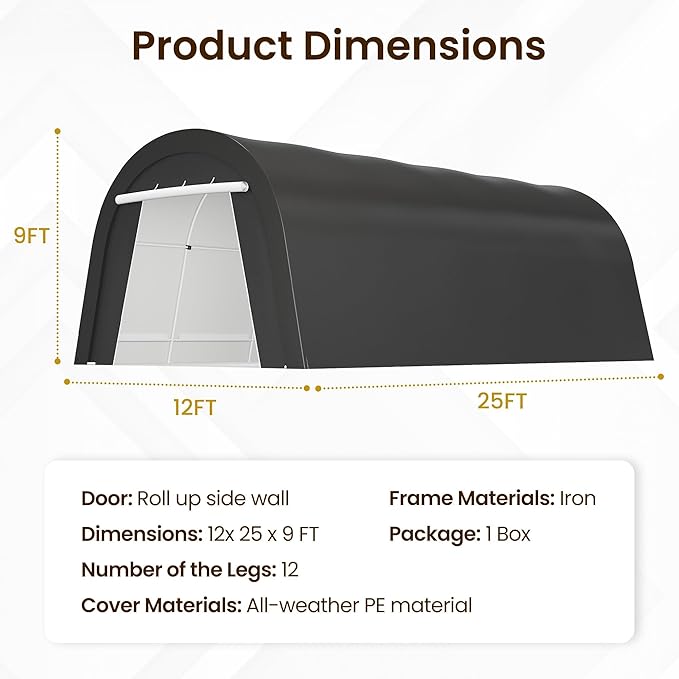 Carport, 12'x25' Outdoor Round Portable Garage with 2 Roll up Doors, Heavy Duty Storage Shelter Car Canopy Party Tent, Dark Gray