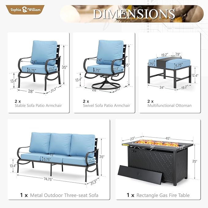 Sophia & William Patio Furniture Sets for 9 with 45" Gas Fire Pit Table Outdoor Conversation Sets 8 Pcs, 2xSofa Chairs, 2xSwivel Cushion Chairs, 1x3-Seat Sofa, 2xOttomans for Porch Poolside Blue