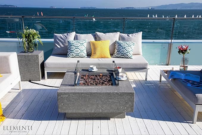 Elementi Manhattan Gas Fire Pit Bundle Concrete Fire Table, Outdoor Fire Pit Electronic Ignition | Canvas Cover, Lava Rock Included | Free AMS Wind Guard | Light Gray (Natural Gas)