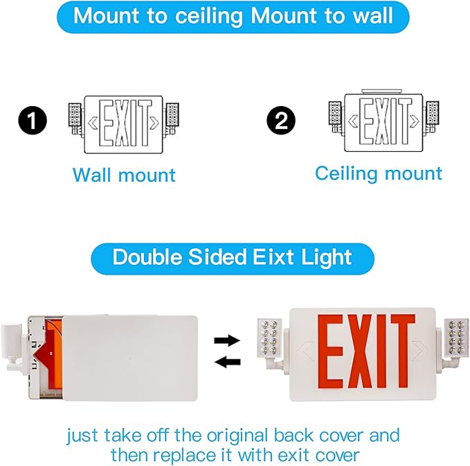 1 Pack- UL Listed Exit Sign with Emergency Lights, Two LED Adjustable Head Emergency Exit Light Combo with Battery-120-277VAC-Exit Sign for Business.