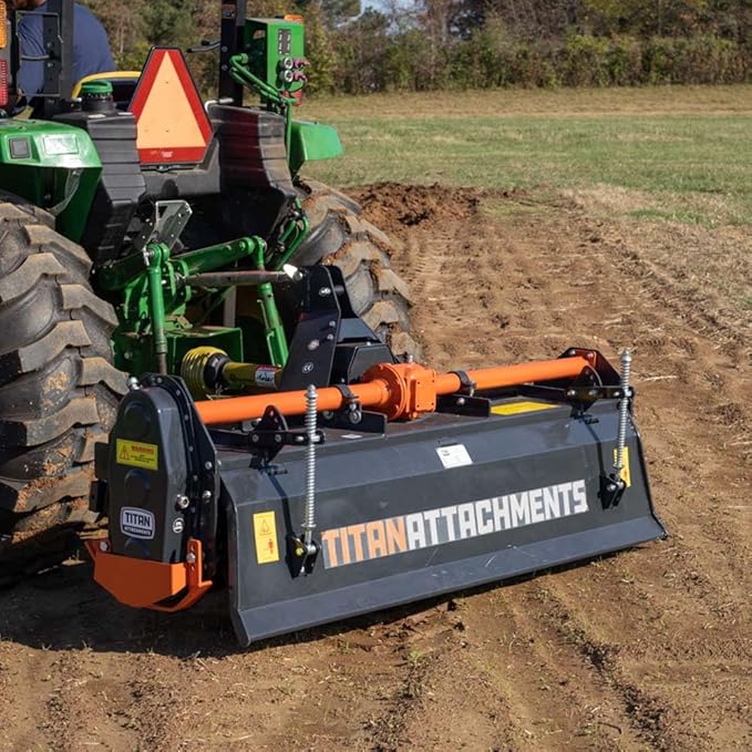 Titan Attachments 3 Point 72" Rotary Tiller Attachment Fits Cat 1 Tractors, Charcoal Finish, Single Speed PTO Driven Cultivator with a 540 RPM Gearbox, Replaceable L-Shaped Tines Work 5" Deep
