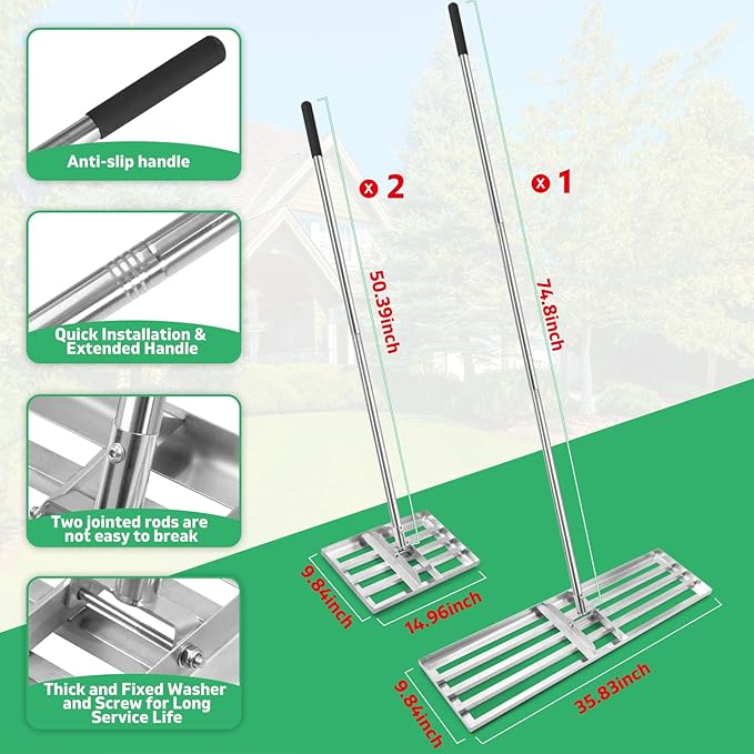 Lawn Leveling Rake(3 Packs) Yard Leveling Rake Suit,Heavy Duty Effort Saving Lawn Level Tool,36"x10"x75" Heavy-Duty All Stainless Steel Lawn Leveler(1 Pack,15"x10"x 50"Lawn Leveler Tool(2Packs)