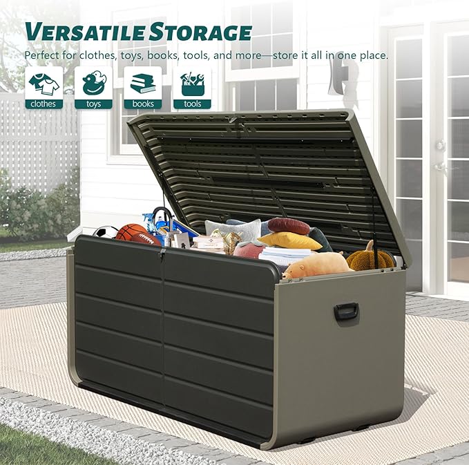 Domi 200 Gallon Outdoor Storage Box – Waterproof, UV-Resistant Deck Box with Lockable Lid for Patio Furniture, Garden Tools, Delivery Packages (Large Resin Storage Bin)