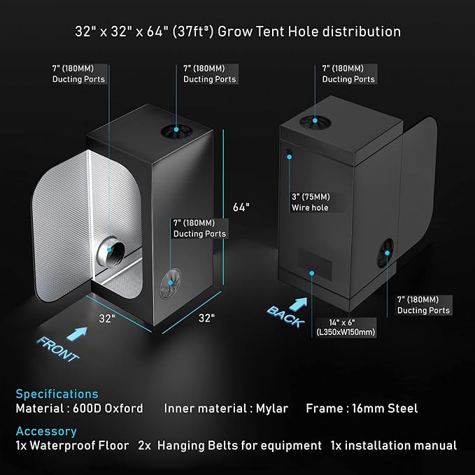 Grow Tent Complete Kit 300W LED Grow Light Full-Spectrum Indoor Hydroponics 32"X32"X63" Grow Tent 4" Ventilation Kit with Hangers,Hygrometer, Shear, Timer,Trellis Netting Full Setup