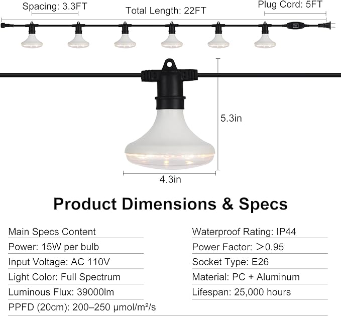 Outdoor Grow Lights Waterproof, Full Spectrum String Grow Light with 22FT Light String Cord for Seedling, Veg, Flower in Greenhouse, Garden, Backyard, Farm (6 Lights, with Smart Plug)