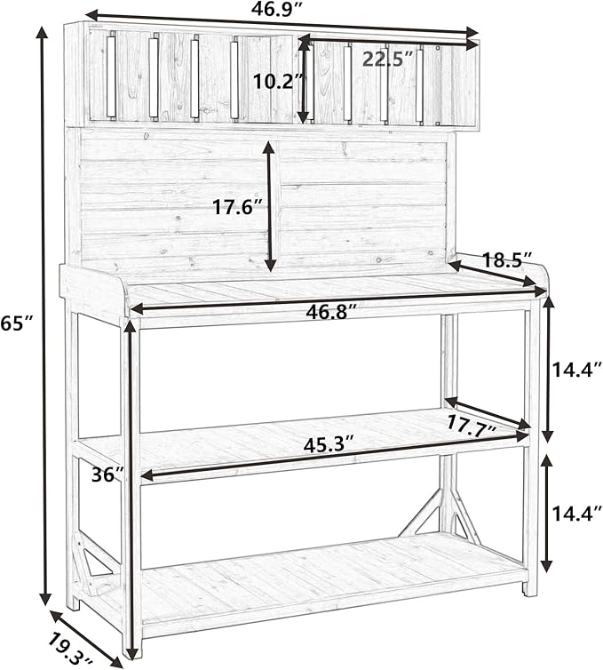Outdoor Wooden Potting Bench Table β Farmhouse Garden Workstation with Drawers, Cabinet & Storage Shelves, Large Fir Wood Work Table for Patio, Backyard, Mudroom, Greenhouse (Natural, 65'' H)