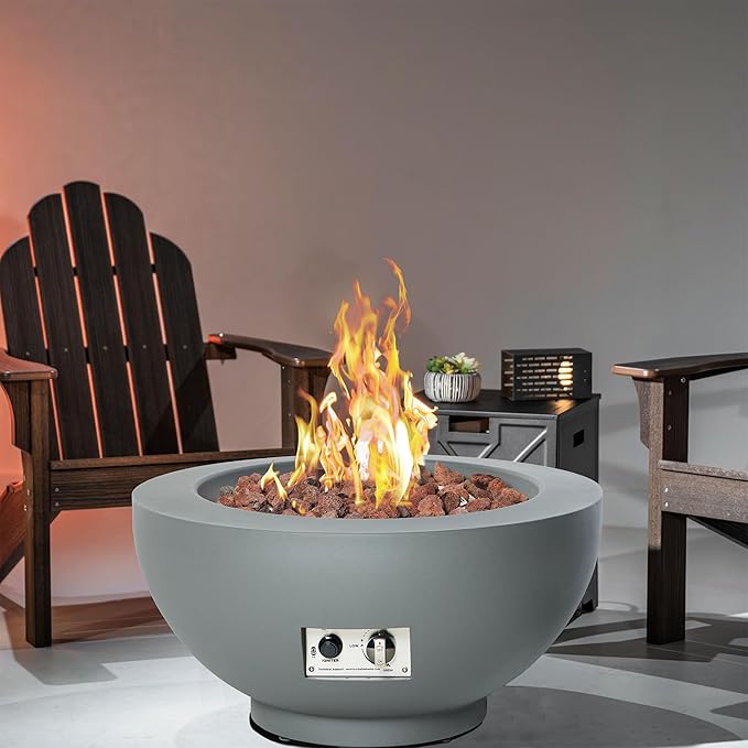 28-Inch Propane Fire Pit with Natural Gas Conversion Kit, 50,000 BTU Round Gas Fire Pit Table, Outdoor Fire Bowl Firepit with Lid, Lava Rocks, Cover, Pre-Attached 10FT Propane Hose, Gray