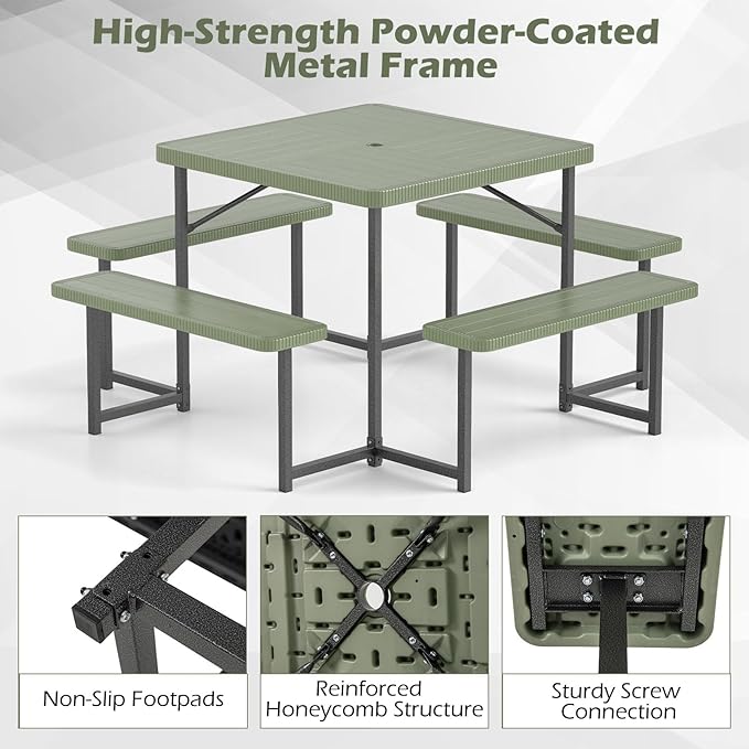 Tangkula 8 Person Picnic Table, HDPE Outdoor Square Table and Bench Set with 4 Built-in Benches, Umbrella Hole, Metal Frame for Garden Yard Patio Lawn
