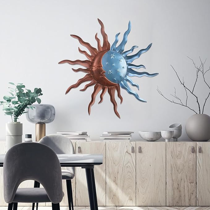VZVXCC Metal Sun Outdoor Wall Art Decor-30 Inch Larger Size Sun Outdoor Wall Art Decor with Moon & Stars,Retro Decoration Hanging for Indoor Outdoor Garden Fence Living Room Bedroom