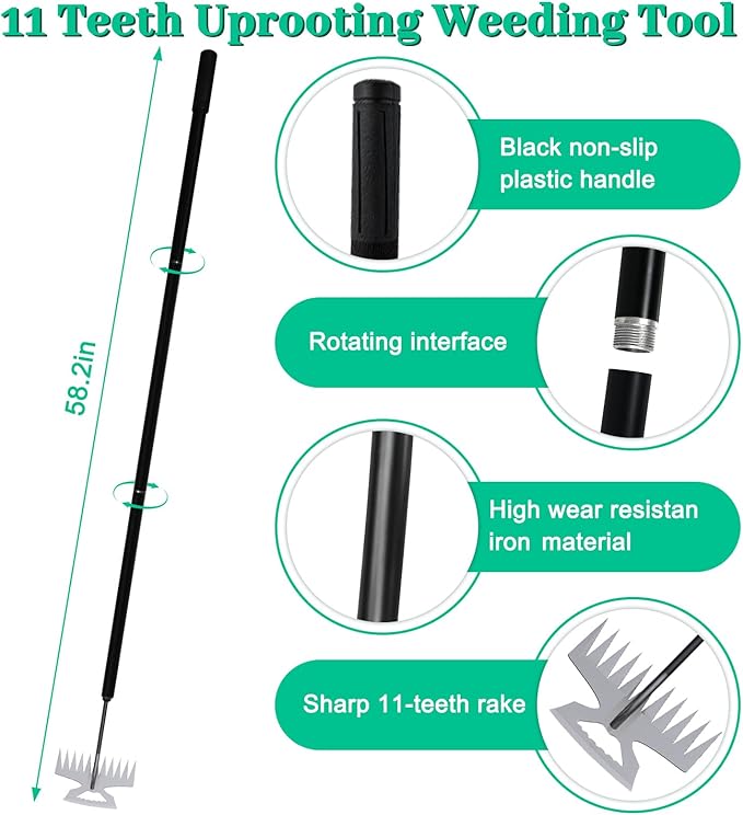2-in-1 Weed Puller Rake Hand Weeder Garden Tools,New 11 Teeth Uprooting Weeding Tool with Adjustable Long Handle,Manganese Steel Weed Remover Tool for Garden,Lawn Weeding and Loosening Soil(Black)