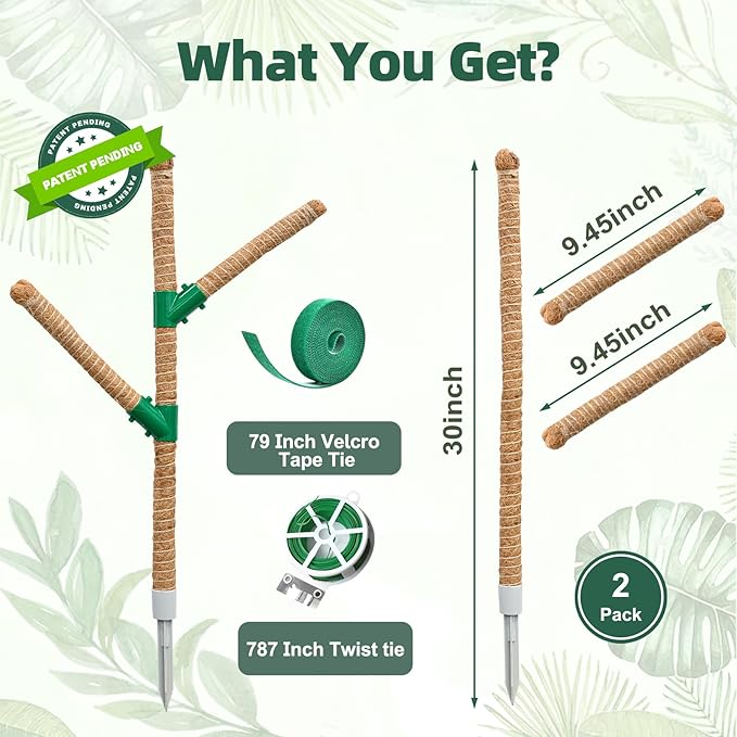 Moss Pole 30 Inch, 2 Pack Monstera Plant Support, Bendable Plant Stakes for Indoor Plants, Plant Sticks Support Tall,Coco Coir Plant Poles for Climbing Plants, Pothos, Philodendron