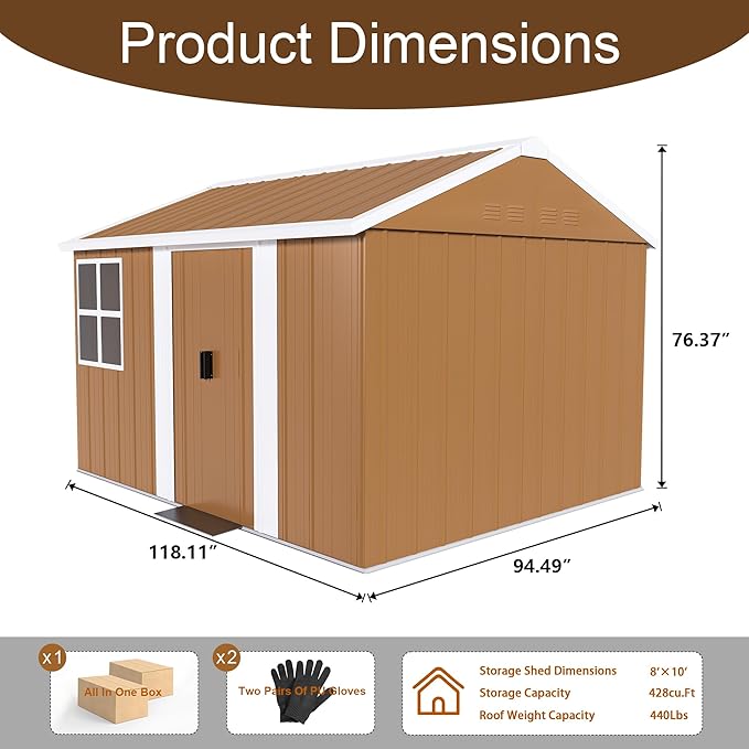 KEIKI 10FT x 8FT Heavy-Duty Metal Storage Shed, Outdoor Storage Shed with Floor & Window and Lockable Doors, Weatherproof Outdoor Garden Shed for Garden, Backyard, Patio, Lawn